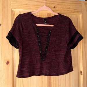Windsor Burgundy and Black Lace-Up Crop Top